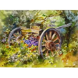  Cart Amongst Woodland Flowers, watercolour signed by A E Dangerfield (British Contemporary) 13.5cm x 18.5cm, Castlegate Helmsley, watercolour signed R Butterworth, Still Life of Lilies, two 20th century colour prints 48cm x 34cm and Still Life of Pansies, watercolour unsigned (4)    