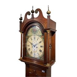 English oak cased longcase clock c1830, tall swan neck pediment with three ball and spire finals and brass paterae, break arch hood door flanked by two tapered columns with gesso capitals, with a slim trunk and full length door with a decorative ogee spire, on a square plinth with applied skirting, painted break-arch dial with depictions of flowers to the spandrels and break arch, spandrels and arch with raised gesso detailing on a green background, dial with Roman numerals and five-minute Arabic's, minute track, subsidiary date and seconds dial, with steel hands and calendar pointer (no second's hand), dial pinned via a cast falseplate to an eight-day rack striking movement, striking the hours on a bell. With weights,  pendulum and key.

