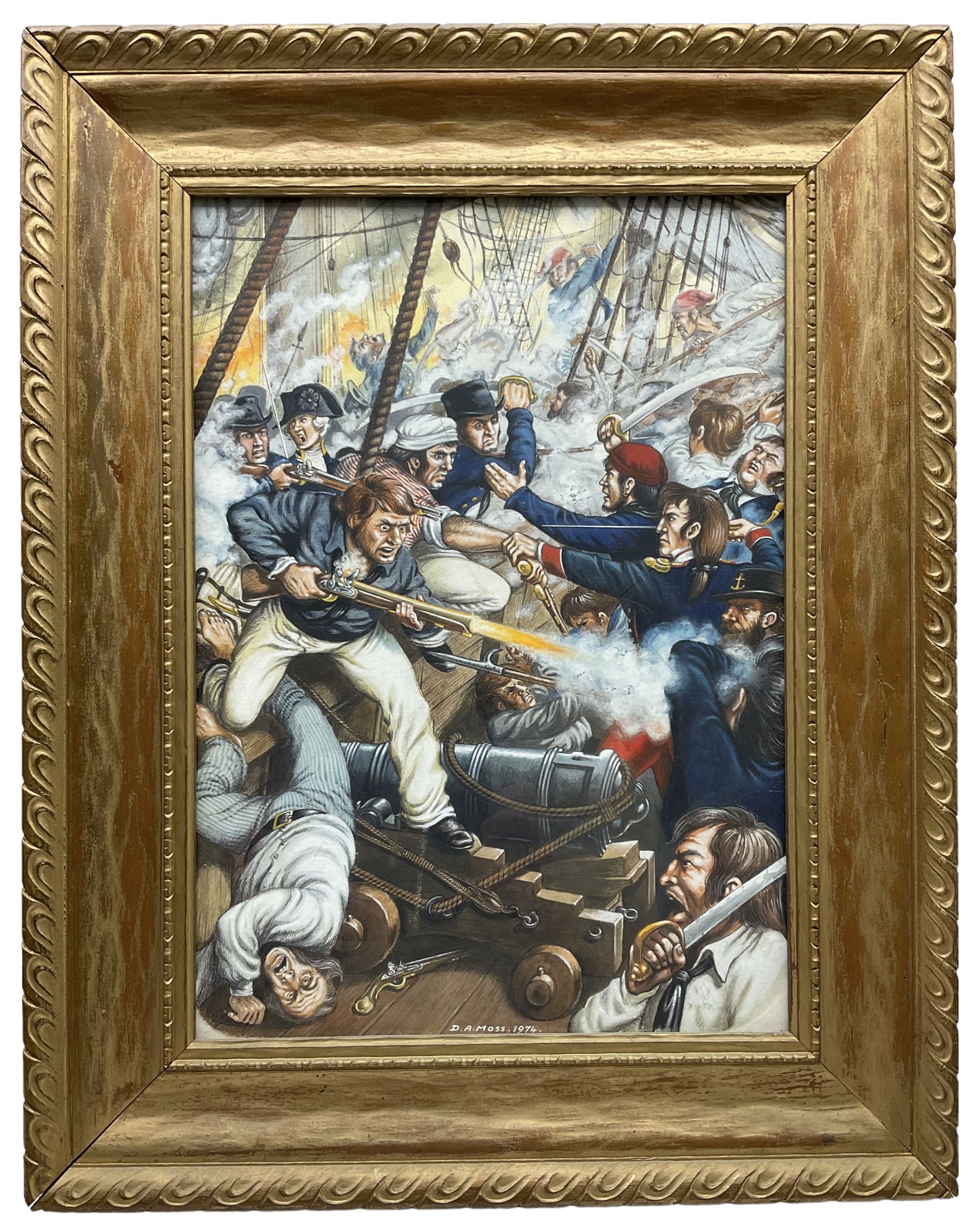 DA Moss (British 20th century): Napoleonic Naval Battle Scene, watercolour signed and dated 1974, 35cm x 25cm