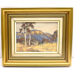 Pat Godfrey (Australian 1934-): 'Track in Megalong Valley' New South Wales, oil on board signed, titled on artist's studio label verso 14cm x 19cm; Blacke (Contemporary): Dark Skies, acrylic signed 20cm x 43cm (2)