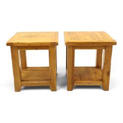 Pair of light oak  two tier occasion tables, square top on square supports united by under tier