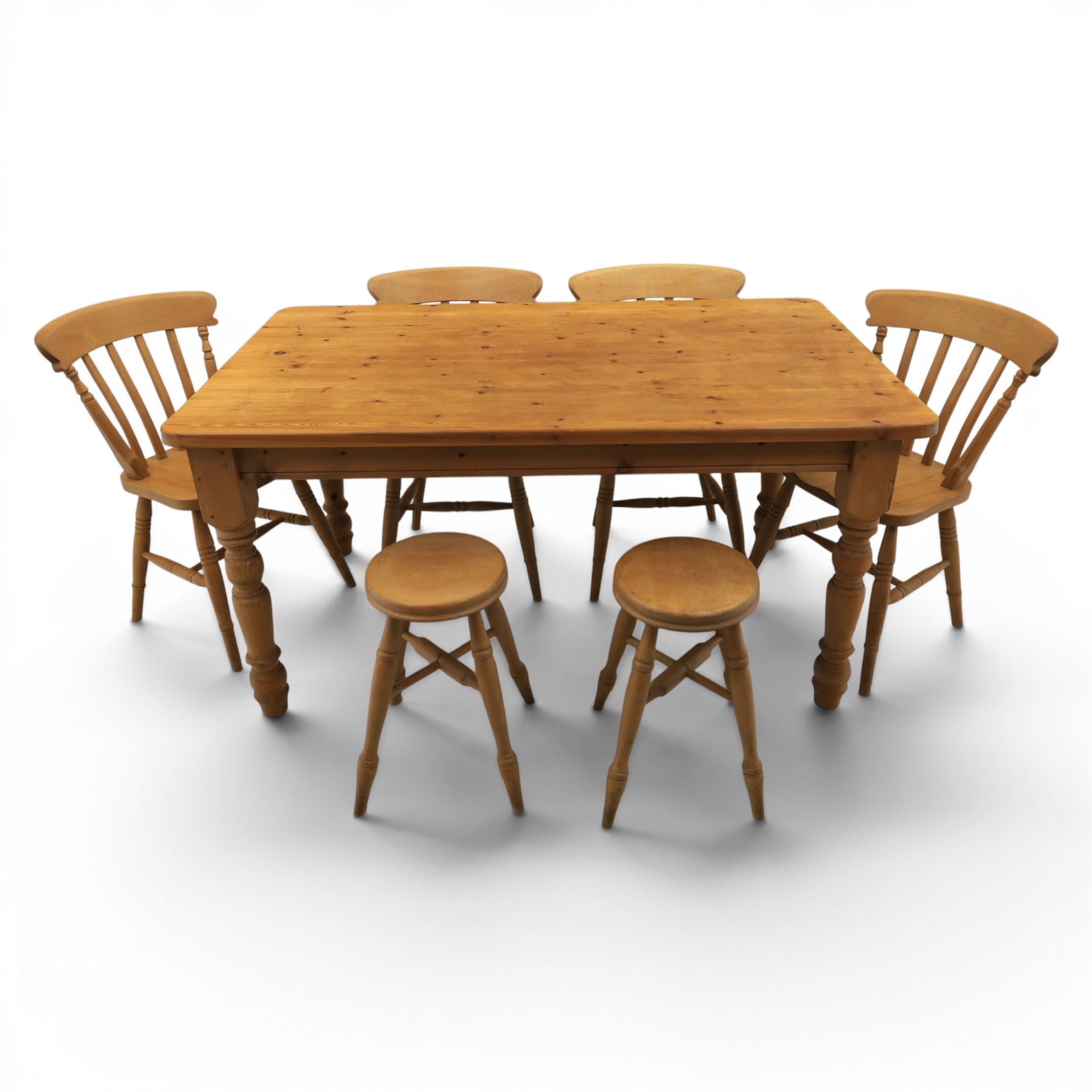 20th century traditional pine dining table together with four chairs and two stools