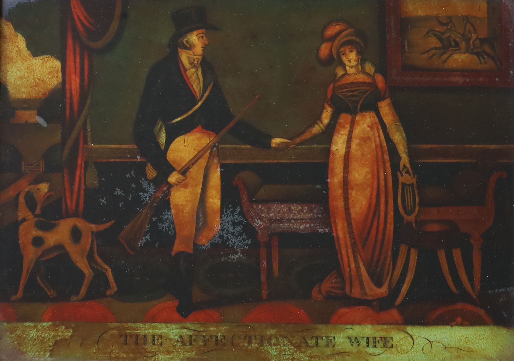 Pair of 19th century coloured reverse glass prints, The Affectionate Wife and The Happy Sportsman, H36cm, L46cm