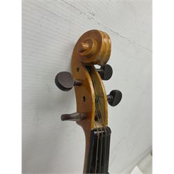 Four Chinese graduated violins - full size with 35.5cm two-piece back; three-quarter size with 33.5cm two-piece back; half size with 31cm two-piece back; and quarter size with 27.5cm two-piece back; all cased except full size; one with bow (4)