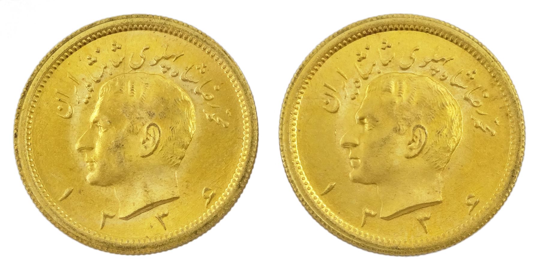 Two Persia (Iran) Mohammed Reza Shah 1 Pahlavi gold coins, 1945-1979               