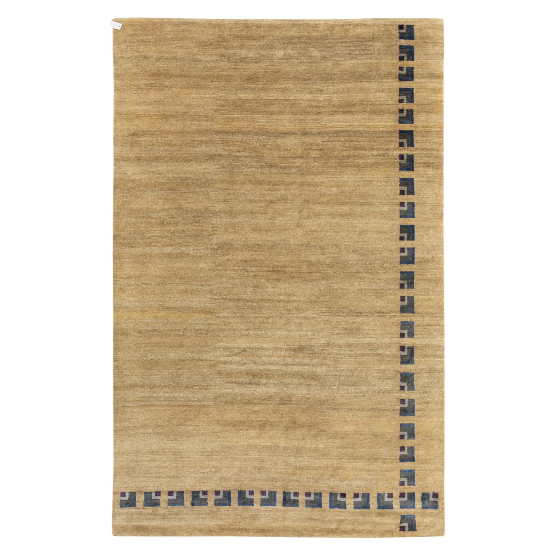 Rugs by Design - ‘Silk Stone’ Nepalese thick pile wool rug, with plain textured camel ground and geometric border detail in blue, grey and dark tones to two sides