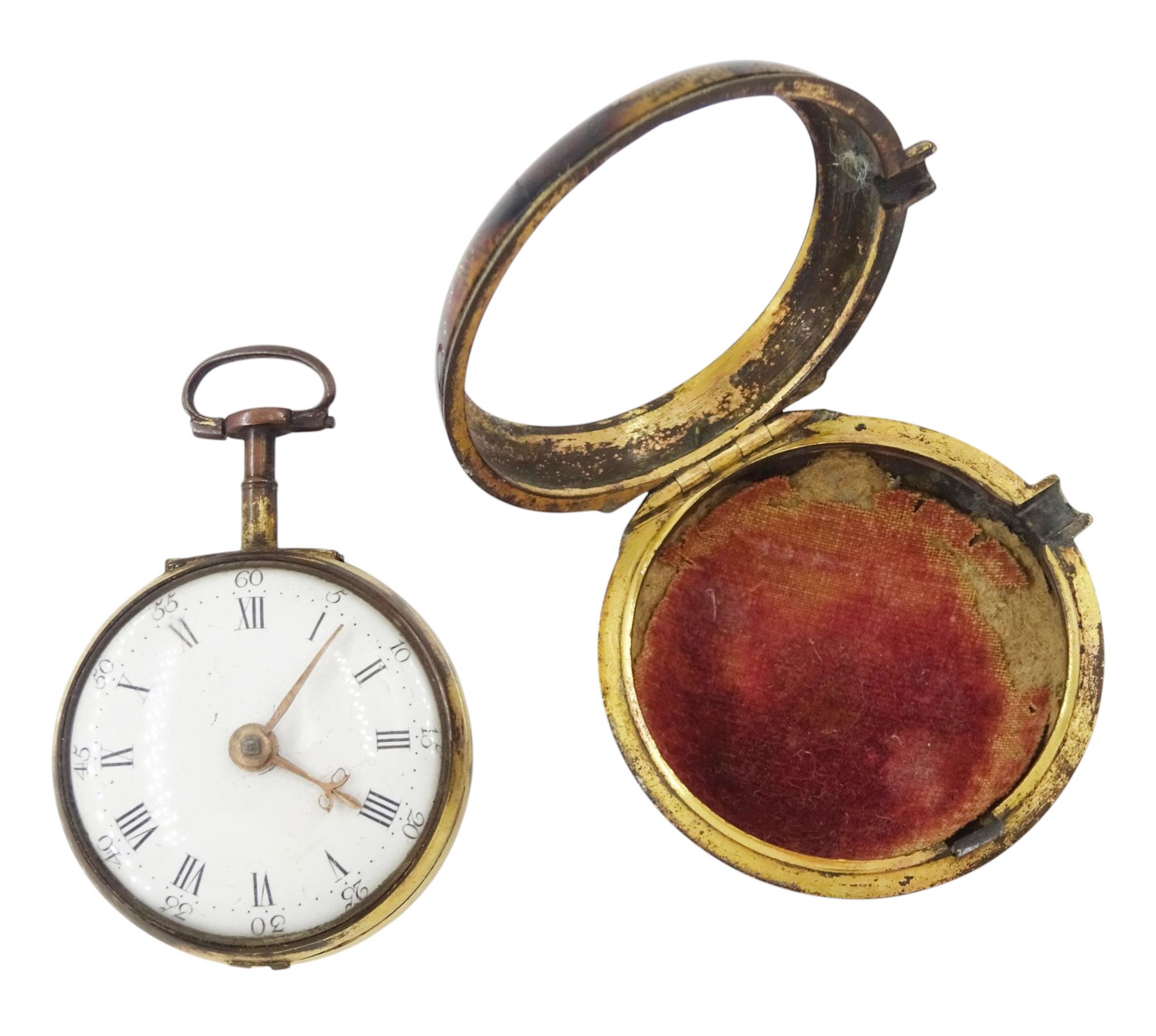 George III gilt and tortoise shell pair cased verge fusee pocket watch by Samuel Corbett, Hadleigh, No. 583, pierced and engraved balance cock, white enamel dial with Roman hours and outer Arabic minute ring, the tortoiseshell outer case painted with fern decoration