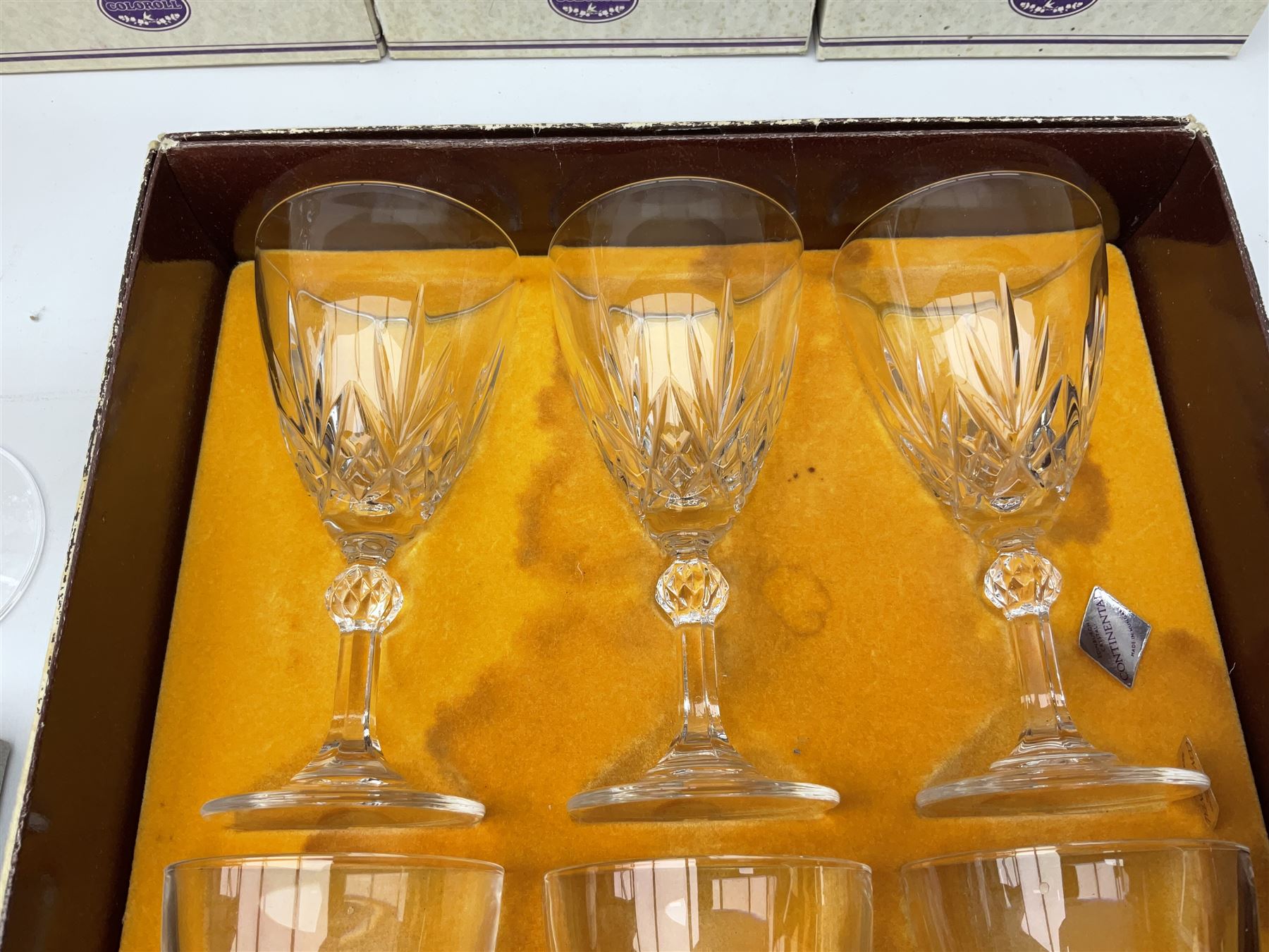 Set of six Edinburgh Crystal 'Continental' glass tumblers with original box, along with three boxed pairs of matching wine glasses and further boxed set of Cathedral Crystal glasses