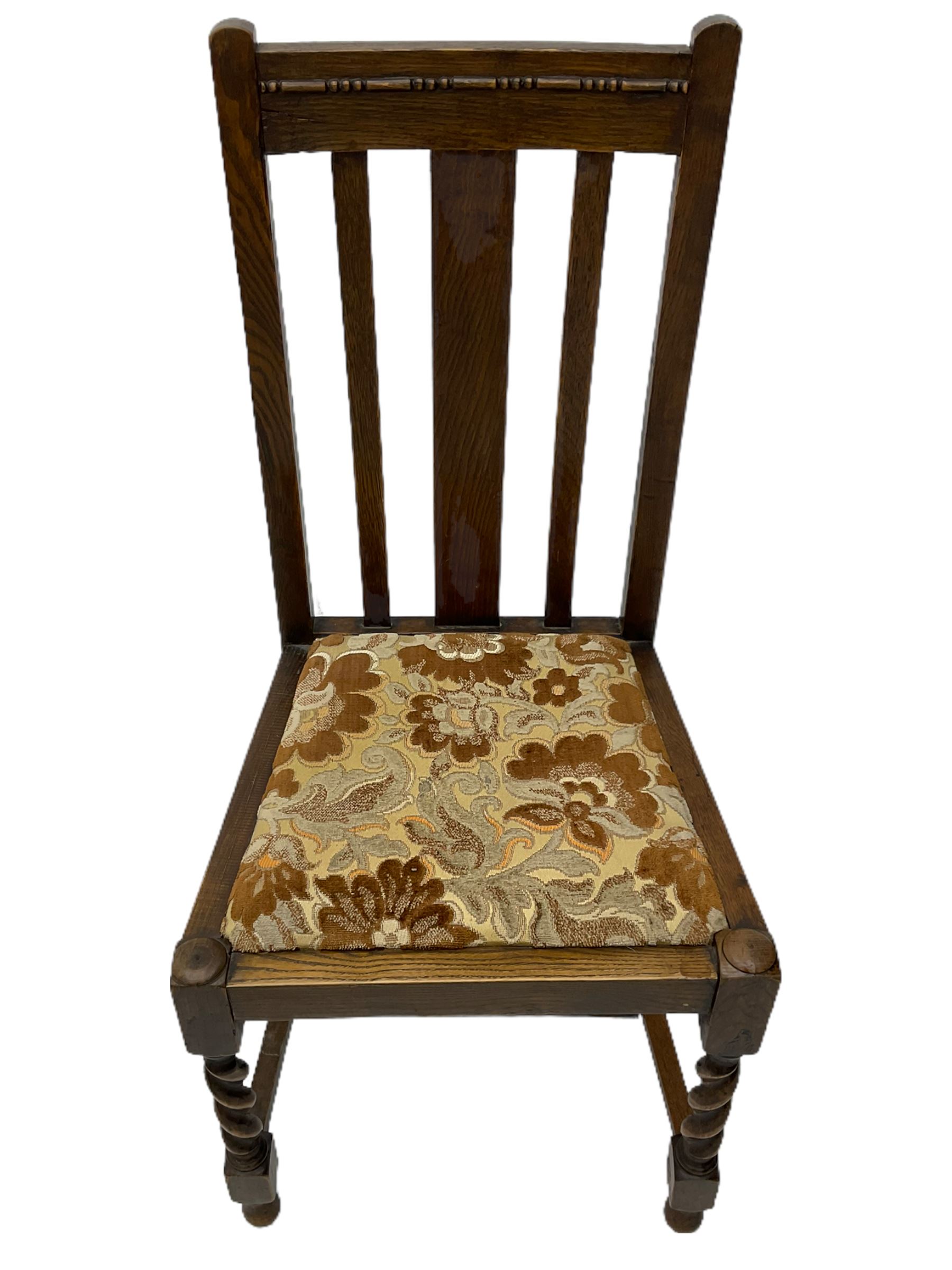 Early 20th century oak barley twist drop leaf dining table (105cm x 154cm, H74cm), and four chairs 