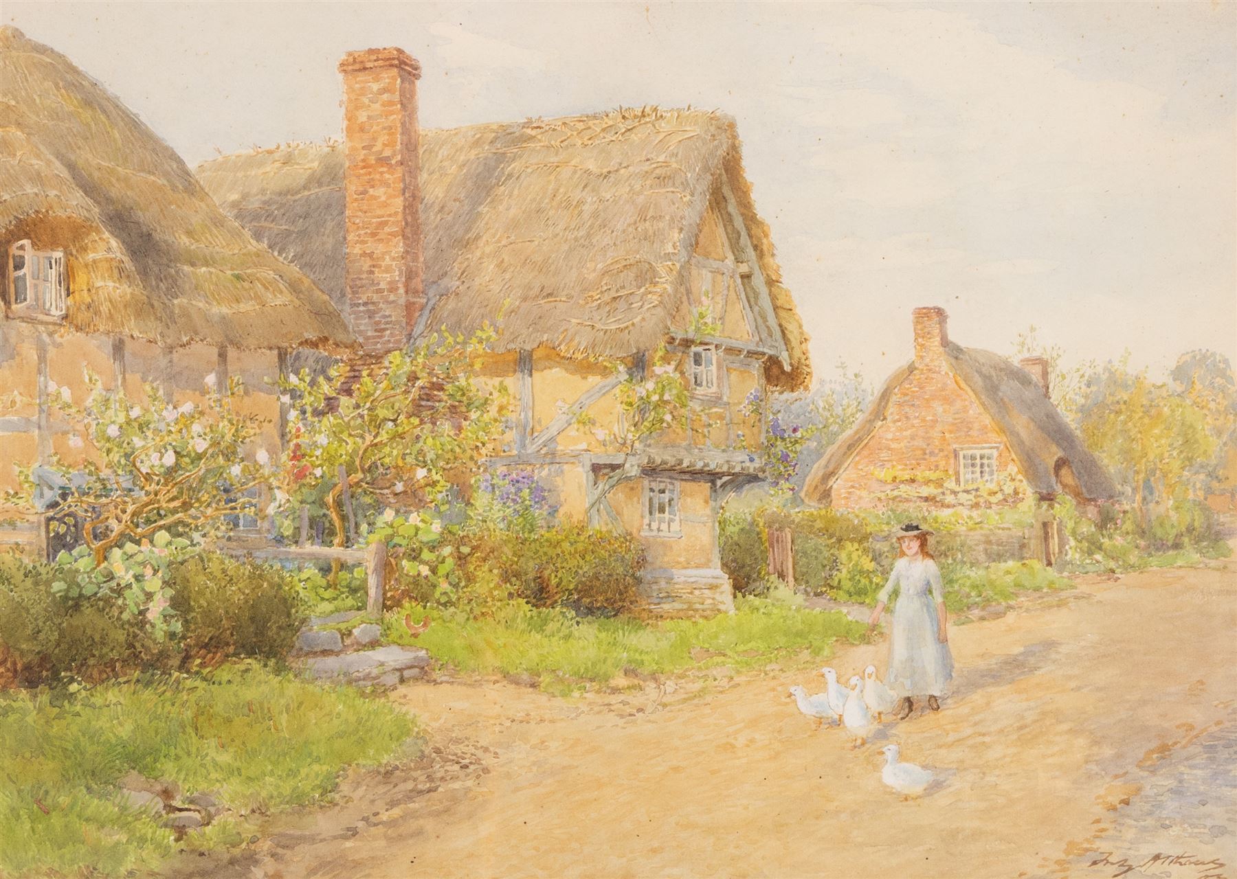 Fritz Althaus (AKA Friedrich Bernhard Althaus and Frederick Bernard Kerr) (British 1863-1962): Village Street with Girl and Ducks, watercolour signed and dated '03, 24cm x 34cm