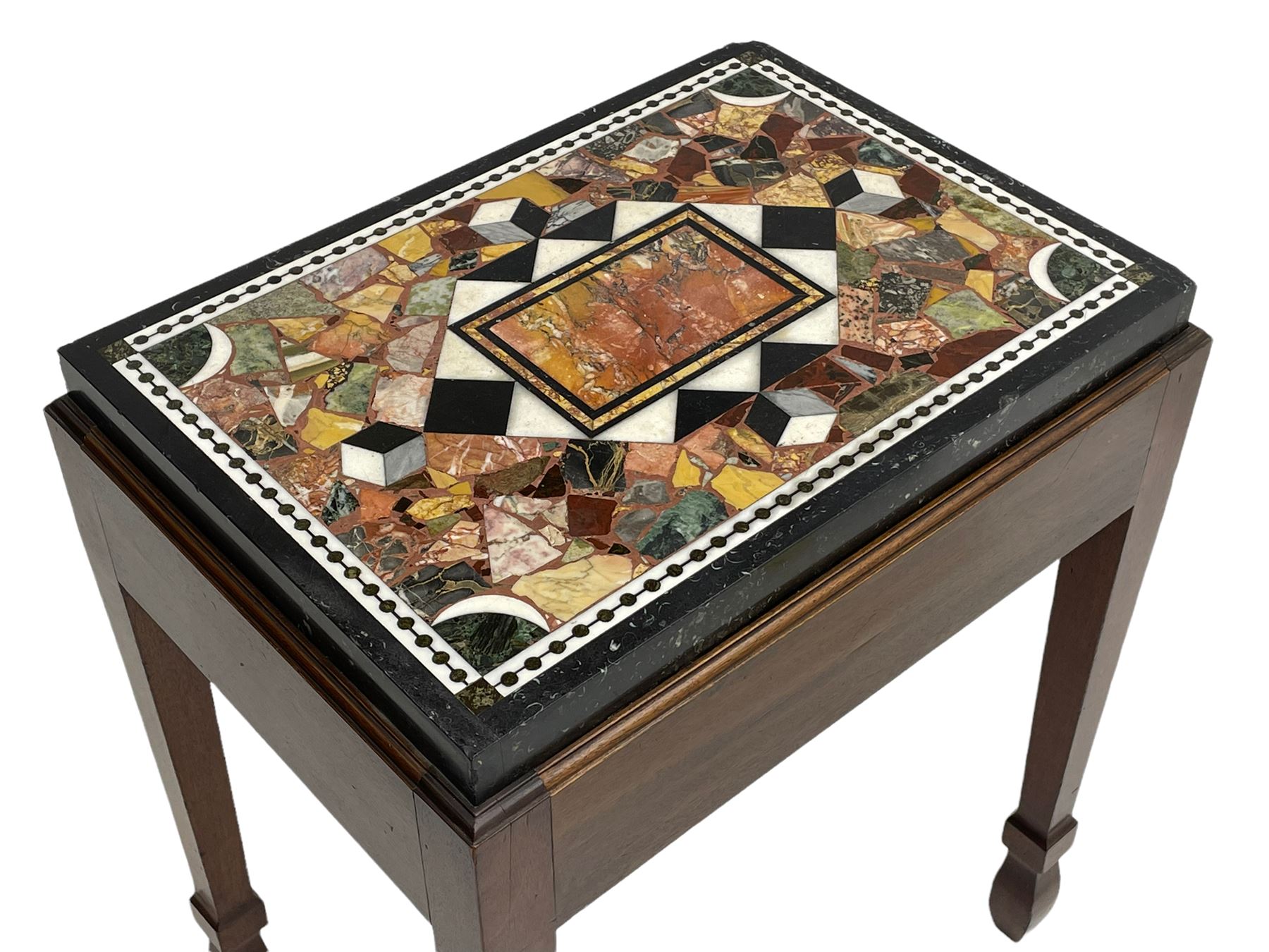 19th century marble specimen table, central rectangular plaque in black and white chequered lozenge, surrounded by fragments and cube motifs, housed within a mahogany stand with moulded top edge, square tapering supports with peg spade feet