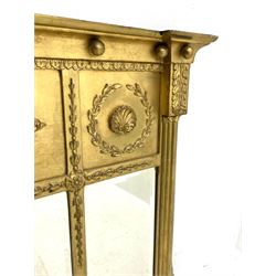 19th century Adams style giltwood and gesso overmantel pier mirror, the frieze panels decorated with laurel wreaths, scrolled foliage, urn and shell motifs, three sectional bevelled plates, reeded pilasters