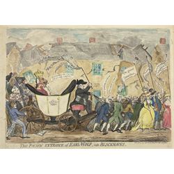 James Gillray (British 1756-1815): 'The pacific entrance of Earl-Wolf into Blackhaven', etching with hand colouring pub. Hannah Humphrey 1792, three further etchings verso 'Frying Sprats', 'Toasting Muffins' and 'Weird Sisters - Ministers of Darkness - Minions of the Moon' 39cm x 53cm (unframed)