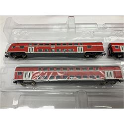 Fleischmann 'N' gauge - four-car set with double pantograph locomotive, dummy and two double decker coaches; No.825201 'Piccolo' three-piece wagon set; No.9198 'Piccolo' level crossing; No.9171 'Piccolo' points; and  No.KN35 Girder Bridge; all boxed