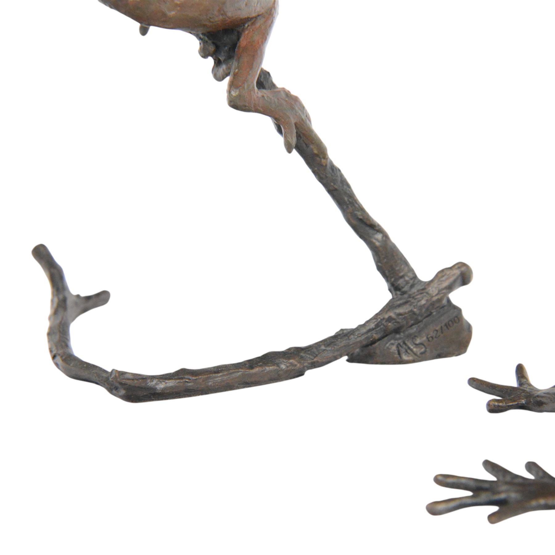 Michael Simpson (British Contemporary): Perching Frogs, set of three limited edition bronzes, monogrammed and numbered 62/100, 10/50 and 26/150, tallest H15cm 
