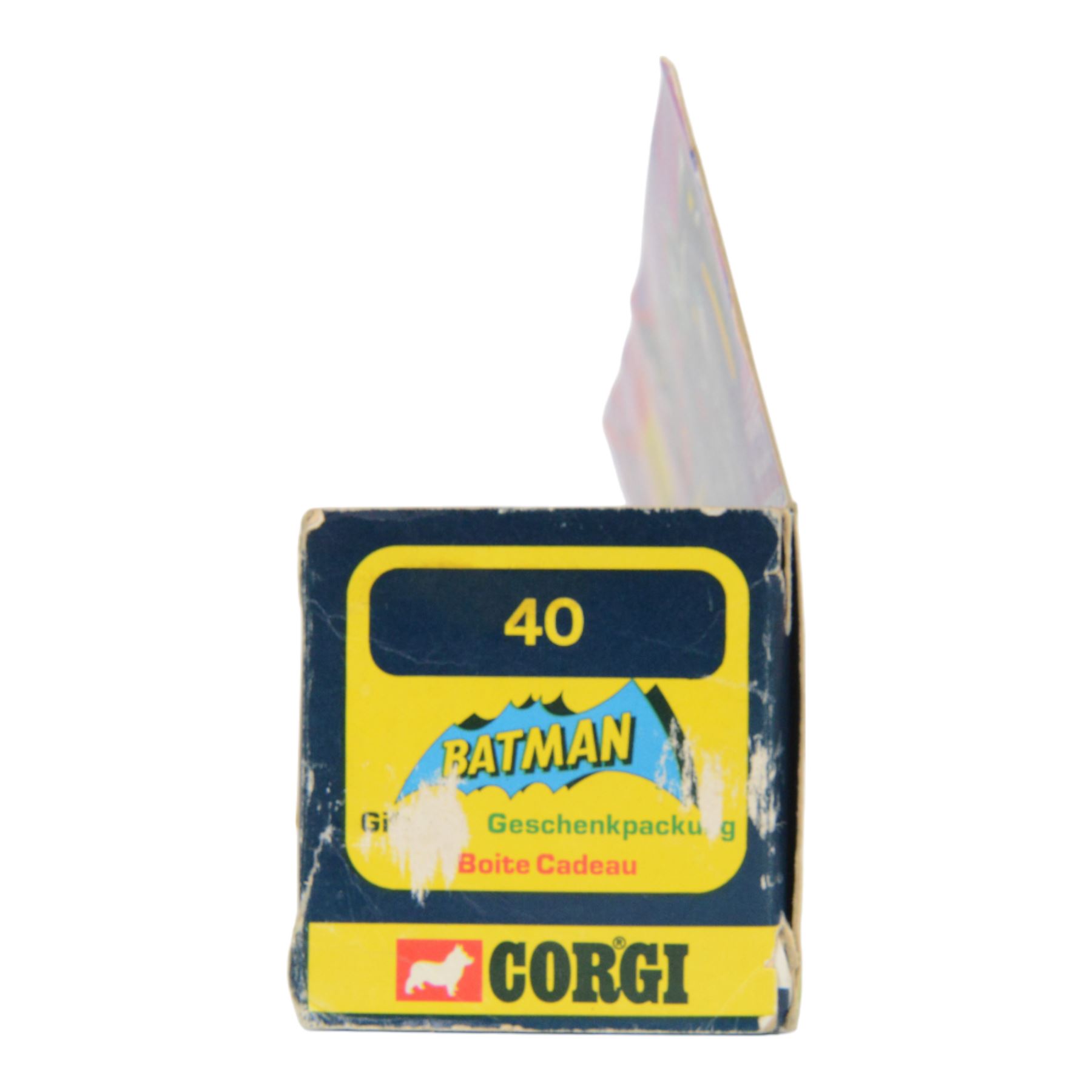 Corgi Batman Gift Set no. 40, comprising Batmobile, Batcopter, Batboat on trailer and twelve yellow plastic missiles on sprue, in original window box with pictorial header card and polystyrene interior, with outer cardboard protector