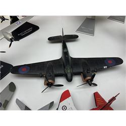 Thirteen unboxed Corgi Aviation Archive or similar die-cast models of aircraft, most with stands; Airfix 1:72 scale construction kit for BAe Harrier GR3; and two boxed Shell Collection die-cast models of cars
