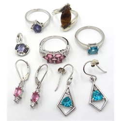  Pink toumaline silver ring with matching ear-rings, topaz ring and matching ear-rings, tiger's eye ring, lolite and black diamond pendant and a similar ring all stamped 925  