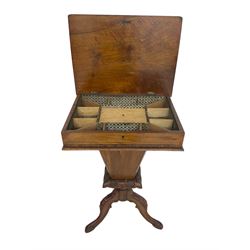 Victorian walnut work table, the rectangular hinged top inlaid with a chessboard design, canted edge with alternating ebony and satinwood inlays, concealing fitted interior, banded and strung frieze over tapering column well, collar carved with foliate decoration, on a cabriole tripod base