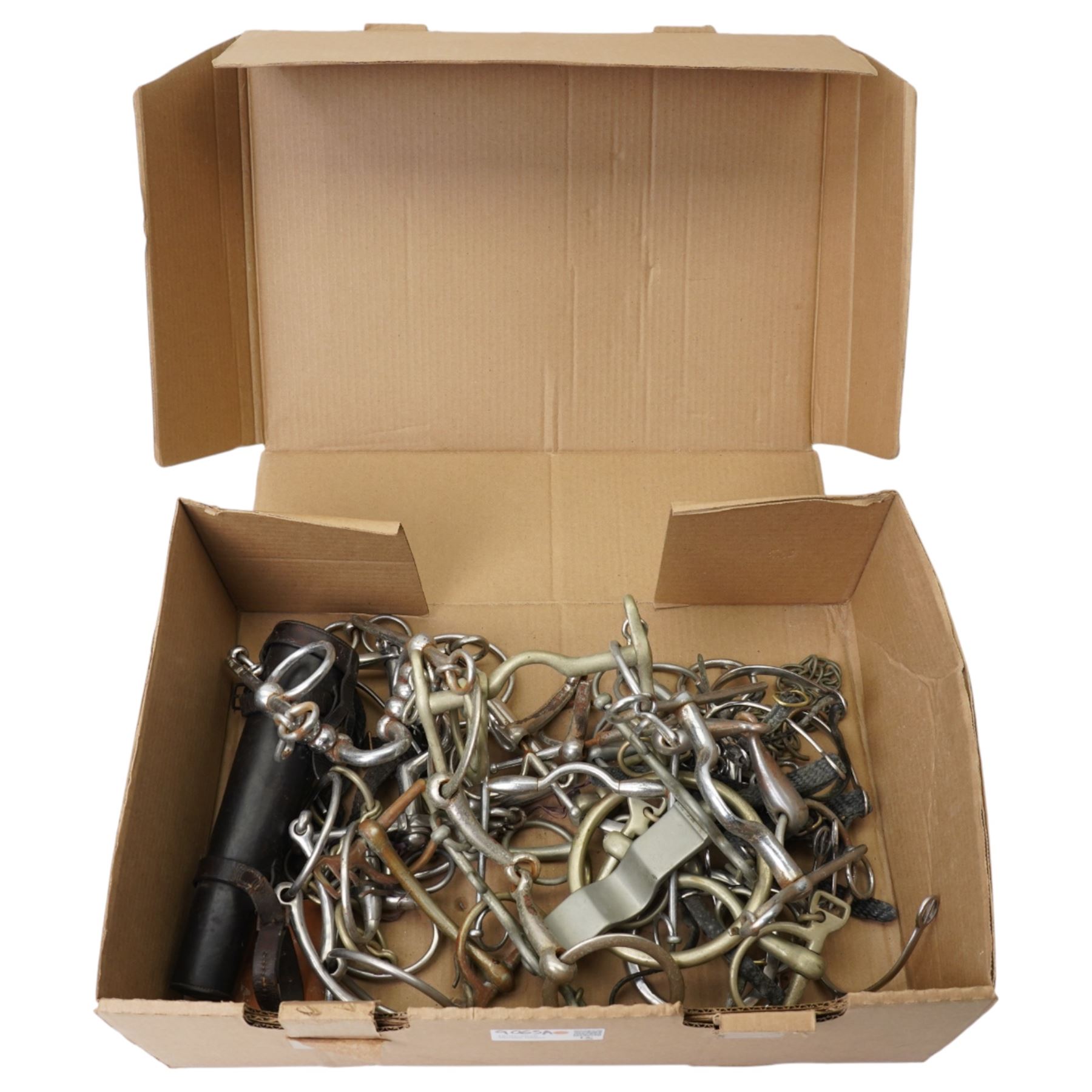 Large collection of bits, grackles and snaffles, together with spurs and leather case for hunting flask etc
Provenance: from the Kirkham Hall estate. 