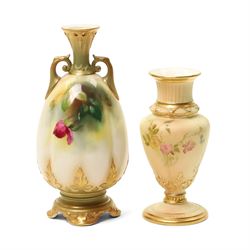 Royal Worcester two handled baluster vase painted with roses H19cm date code 1898, Worcester blush ivory pot pourri decorated with flowers, two blush ivory jugs, a similar vase H15cm and a miniature loving cup