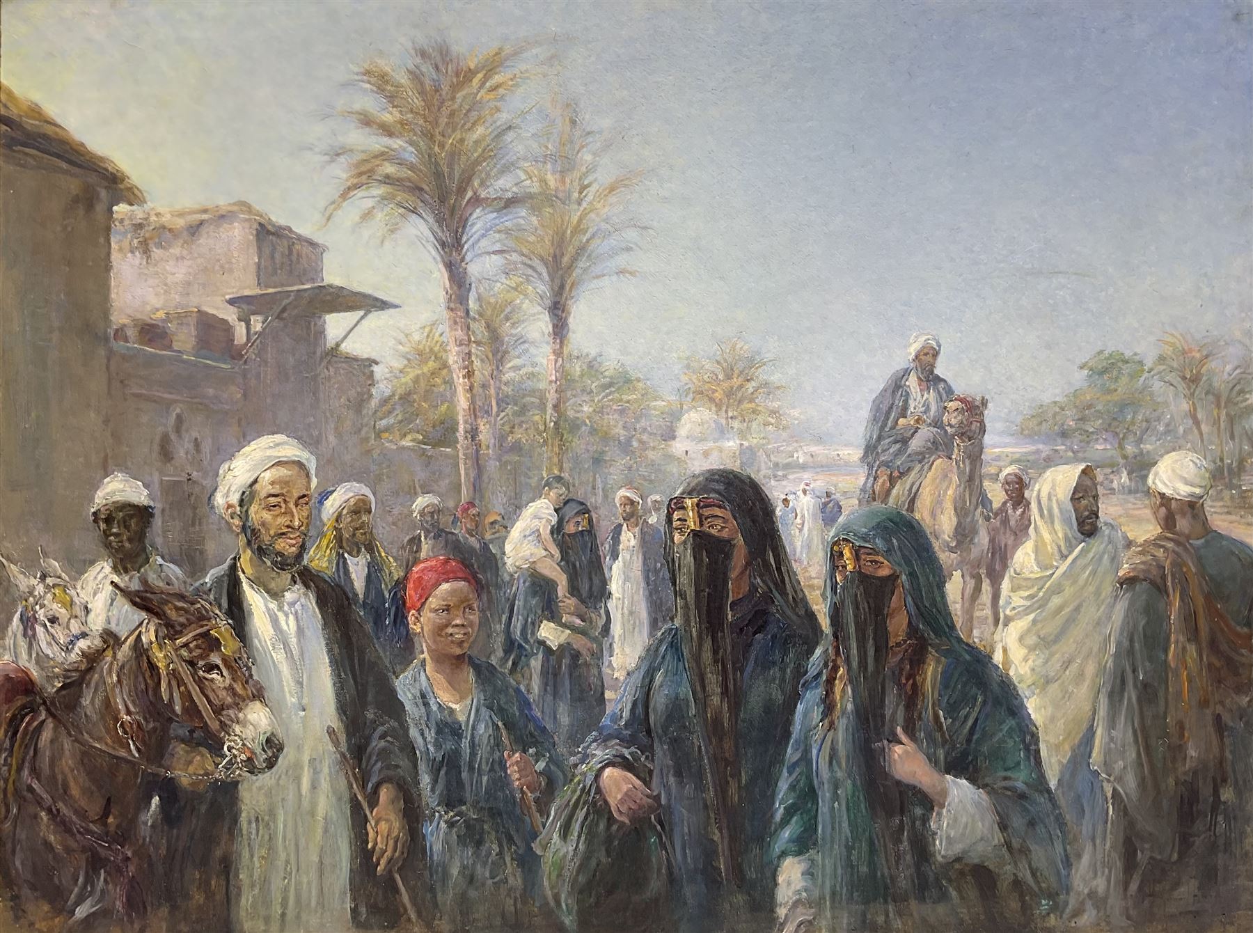 Heywood Hardy (British 1842-1933): Figures in a North African Town, oil on canvas signed, partial remains of title label verso 77cm x 103cm