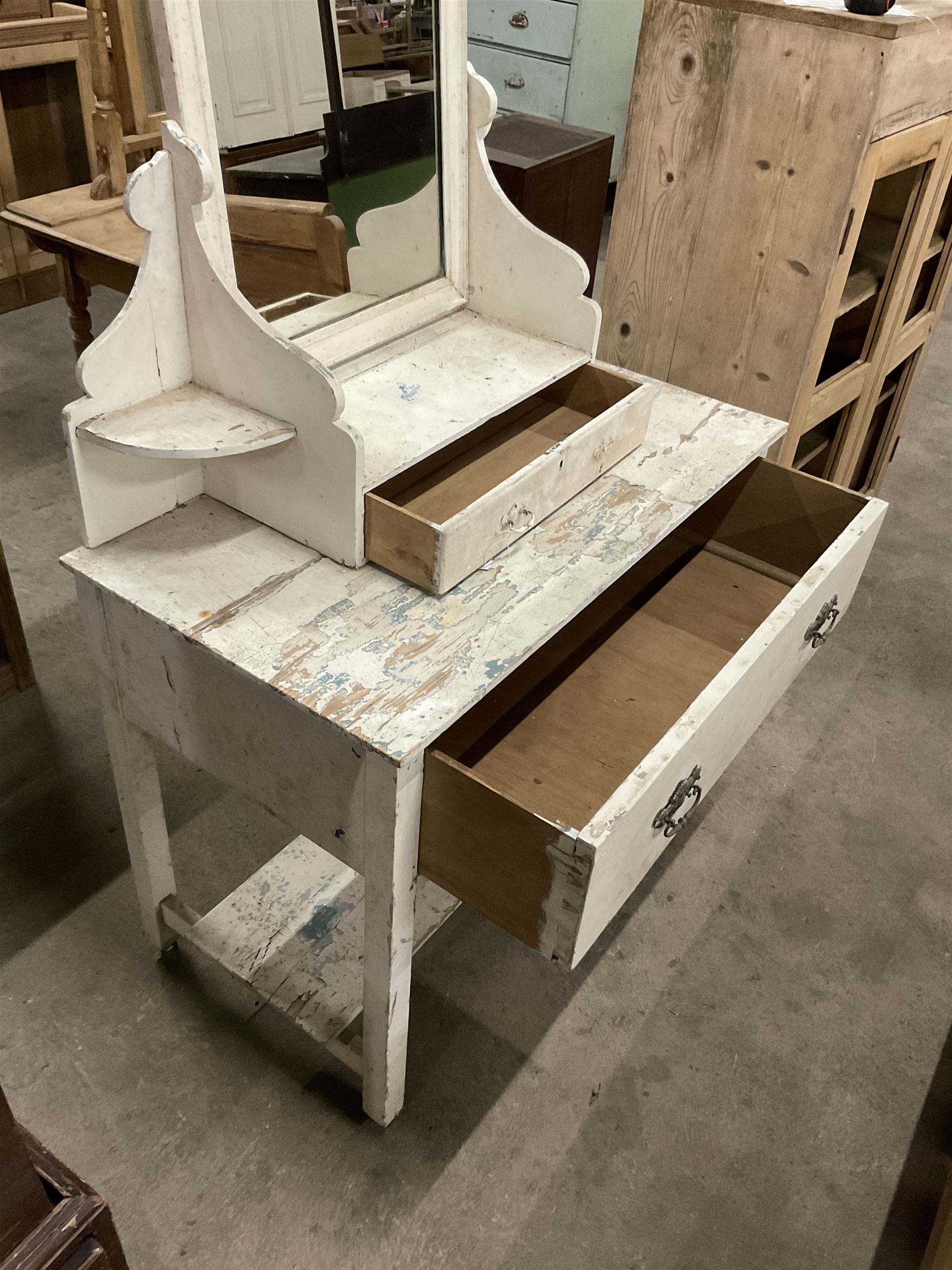 19th century rustic painted pine dressing table, raised swing mirror back over trinket drawer, base with single drawer over undertier, in white finish - THIS LOT IS TO BE COLLECTED BY APPOINTMENT FROM THE OLD BUFFER DEPOT, MELBOURNE PLACE, SOWERBY, THIRSK, YO7 1QY