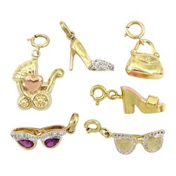 Six 9ct gold charms including two heeled shoes one set with diamond chips and one with pink enamel decoration, pram with rose gold heart decoration, two sunglasses one set with diamond chips and pink stones and a handbag, all stamped or hallmarked 