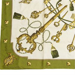 Hermes 'Les Clefs' silk scarf in green and gold colourway, designed by Cathy Latham, 86cm x 90cm 