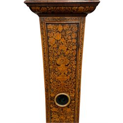 William & Mary floral marquetry 8-day longcase clock c 1700, later mid-18th century four pillar rack striking movement with a square brass dial and subsidiary seconds dial, ringed winding holes and calendar aperture to the matted dial centre, with London cherub head cast spandrels and (later) fretted steel hands, silvered Roman numeral chapter ring with stylised fleur di Lis half hour makers, narrow Arabic five-minutes, minute track and inner quarter hour track, signed Thomas Horlock, Hammersmith, 
case with box upstand to the domed floral marquetry decorated caddy with three brass flame finials, above a moulded cornice and fretwork frieze,  inlaid hood door with attached barley twist pillars to the front above an inlaid convex moulding, full length D moulded trunk door with a circular lenticle inlaid with floral and foliage panels inhabited with birds, on a conforming marquetry plinth with applied double skirting. Thomas Horlock is recorded as a Whitesmith & Clockmaker of Hammersmith, Middlesex.
A copy of Thomas Horlock's will dated the 15th June 1757 is held at The National  Archives Kew.