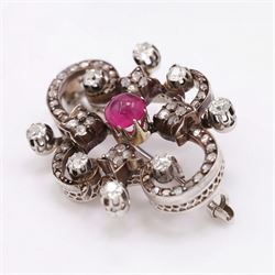 19th century French 18ct white gold ruby and diamond brooch by Eugène Fontenay, centrally set with a single cabochon cut ruby of approx 1.85 carat, the foliate scroll border set with eight old cut diamonds of approx 1.45 carat and rose cut diamonds, stamped with makers mark EF, eagles head and numbered 23960