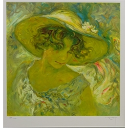  Lady in a Hat, limited edition artists proof colour print No.11/45 signed in pencil by  Jose Royo (Spanish 1945-) and one other limited print signed in pencil by the same hand 40cm x 38cm (2)  