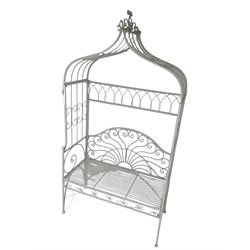White finish wrought metal garden arbour bench, arched trellis top with scrolling design, lunette style back 