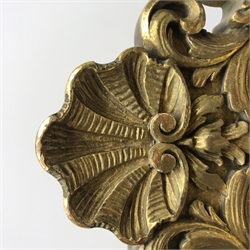 20th century French clock by Planchon Paris, decorative gilt case with shell pediment set on scrolled leafage, circular porcelain segmented dial with Roman and Arabic numerals, bevel glazed front and sides with mirrored interior, acanthus carved feet with scrolled terminals, shell to apron to match, eight day movement striking the hours and half on bell, sunburst and mask cast pendulum, with key, W36cm, H59cm, D21cm