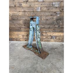 Pair of late 19th century heavy cast iron garden industrial trestles, painted in distressed blue paint