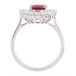 18ct white gold oval cut ruby and round brilliant cut diamond cluster ring, ruby approx 1.25 carat, total diamond weight approx 0.50 carat