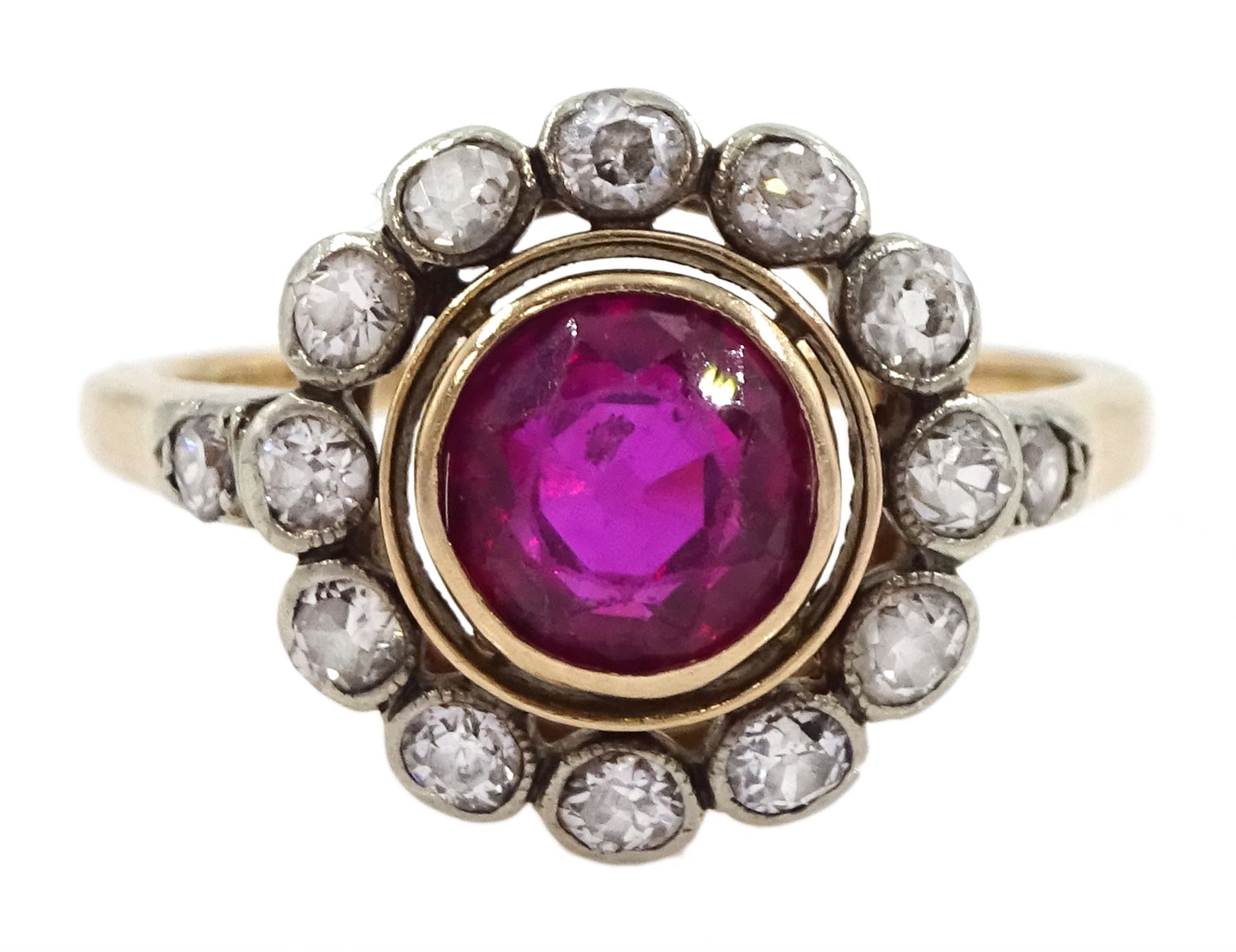 Early 20th century 15ct rose gold round synthetic ruby and milgrain set old cut diamond cluster ring, with diamond set shoulders
