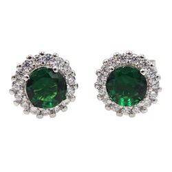  Pair of silver green stone and cubic zirconia halo stud earrings, stamped 925  