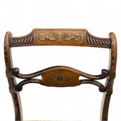 William IV X-frame rosewood stool with upholstered drop-in seat and a Regency simulated rosewood and brass inlaid dining chair with drop-in seat worked in floral needlepoint, W43xD43xH43cm & W46xD40xH79, (2)