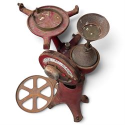Two early 20th century dairy equipment items: Waide & Sons, Leeds – oak barrel butter churn with iron bands, later converted to electric operation, on trestle stand (W71cm H115cm); Lister – ‘Ball Bearing’ cast iron cream separator, with hopper and foot pedal, in red-painted finish (W47cm H49cm)