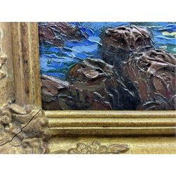 Circle of Henry Moret (French 1856-1913): Sunlit Rocky Coastline, oil on canvas laid on to panel indistinctly signed l.l. 49cm x 64cm