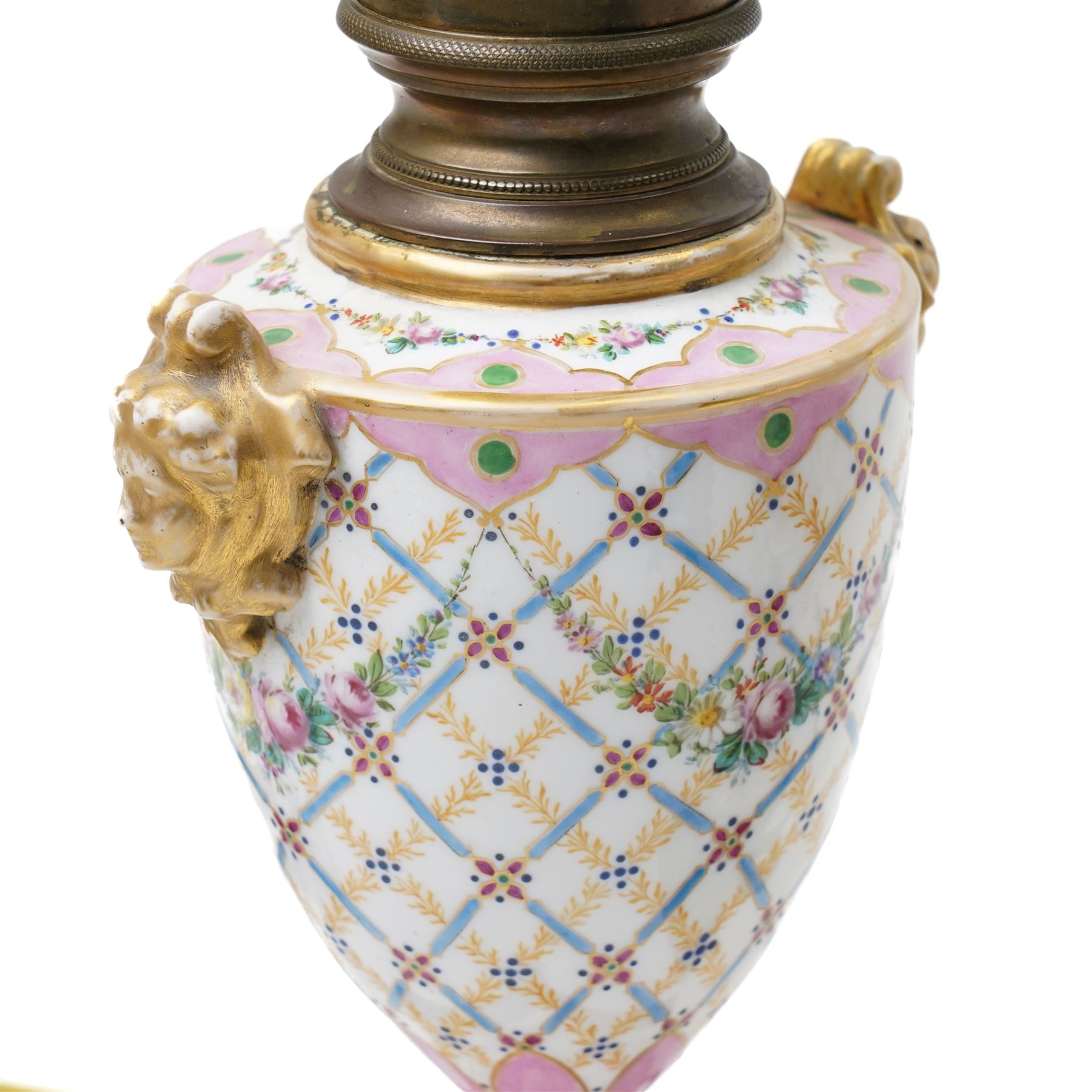 Pair of Sevres style table lamps, with pink and gilt floral decoration, apocryphal marks to bases, H32cm (2)