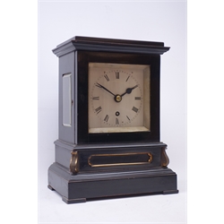 19th century Architectural ebonised cased library time piece, with square silvered Roman dial and single fusee movement, W23cm, H30cm, D16cm  
