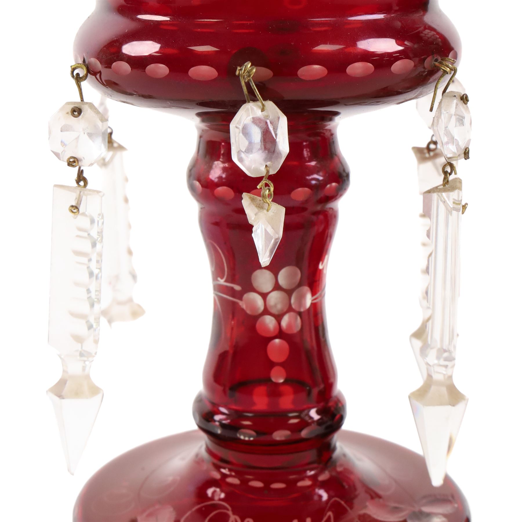 Pair of Victorian ruby glass lustres, with etched grape and vine decoration and clear glass droplets, H22cm 