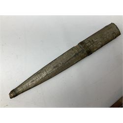 19th century Khanjali dagger, 33.5 cm double edged fullered blade with stamped makers marks, ornate cast grip, with engraved white metal scabbard, 46cm overall