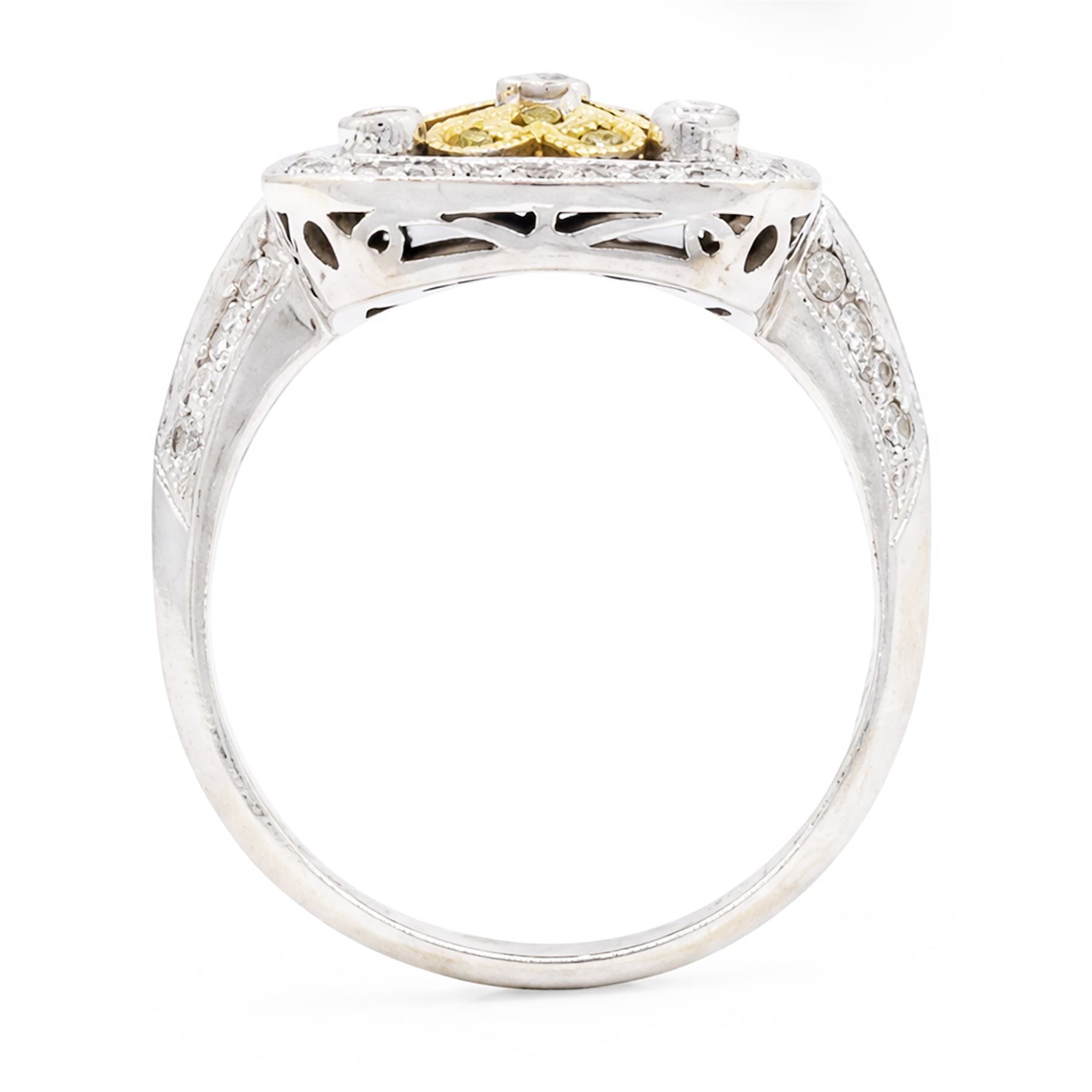 18ct white gold diamond flower head dress ring, milgrain set with sixty-five fancy yellow and white diamonds, with diamond set shoulders, stamped 750, total diamond weight 1.00 carat, with World Institute Report