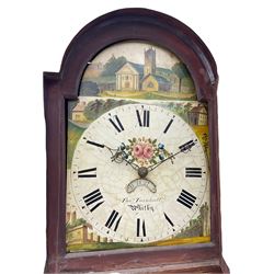 A 19th century Oak and Mahogany 30hr longcase clock retailed by “Turnbull of Whitby” with a tall swans neck pediment, brass ball and spire finial and two stamped brass paterae, glazed break-arch door flanked by two turned pillars, full-length wavy -topped trunk door on a rectangular base with applied shaped skirting, chain driven outside countwheel movement striking the hours on a cast bell, with a painted dial pinned directly to the movement, the arch depicting a country church, with a conforming ruin, country house and cottages to the spandrels, dial drawn with Roman numerals and minute markers with matching stamped brass hands, semi-circular date aperture and date ring behind. With weight and pendulum. 
The Turnbull family of Whitby clockmakers are recorded as working from Bridge Street, Whitby,  from 1784 to 1870.





