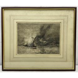 William Lionel Wyllie (British 1851-1931): HMS Queen Elizabeth at the Dardanelles, drypoint etching signed in pencil 22cm x 30cm