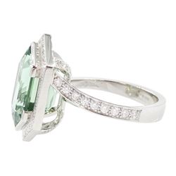 Platinum African Paraiba tourmaline and diamond ring by Scarab London, single fancy double bullet cut tourmaline of approx 8.37 carat, with round brilliant cut diamond surround and diamond set shoulders, London 2023, total diamond weight approx 1.05 carat, with Alan Poultney Gems report