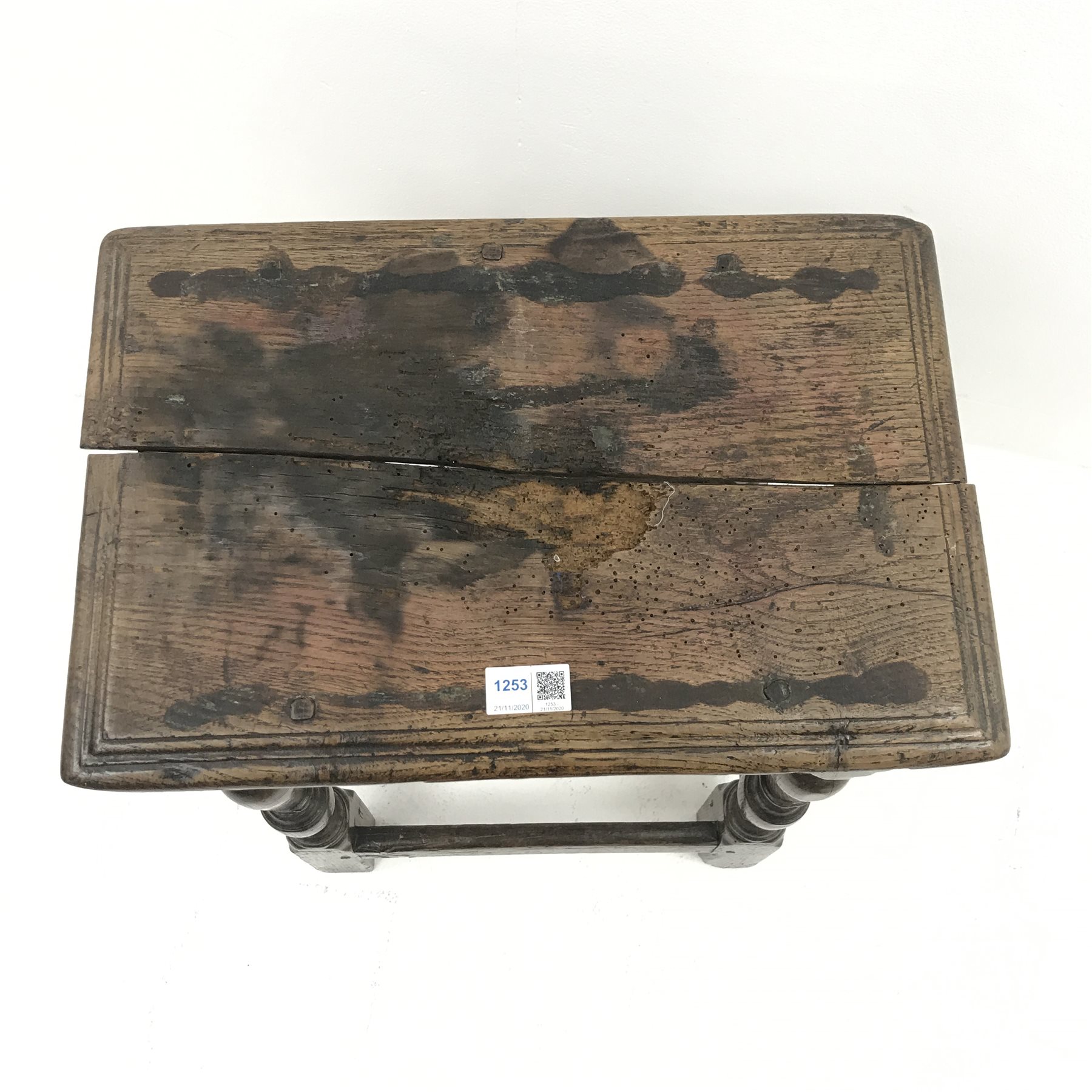 18th/19th century oak coffin stool, carved and shaped rails, outsplayed baluster supports joined by stretchers, W43cm, H58cm, D34cm